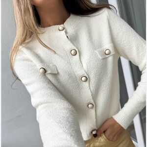 NWOT • Mango Textured Knit Jewel Button Cardigan, Cream/Ecru